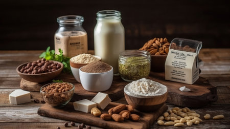 Plant Power, Vegan Protein Sources Unleashed on a Rustic Wood Background. Generative AIの素材