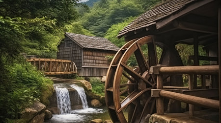 The mill wheel rotates under a stream of water at village with traditional thatched roofed houses. Generative AIの素材