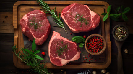 Raw meat steaks with fresh seasonings on rustic wooden background, top view. Generative AIの素材