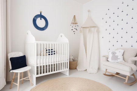Serenity in Simplicity, A Stylish Unisex Nursery with a White Crib and Minimalist Accents. Generative AIの素材