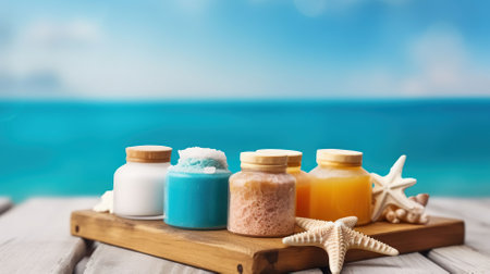 Spa Massage Products Harmonizing on Wood with a Blissful Blue Sea in the Background. Generative AIの素材