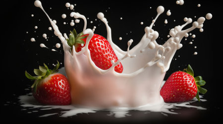 Strawberries falling into milk, splashes of milk, Generative AIの素材