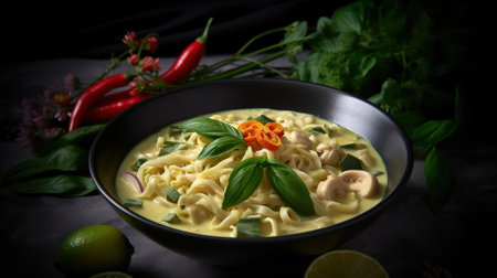 Green Curry Udon Noodles in a Captivating Food Photography with a Light Background. Generative AIの素材