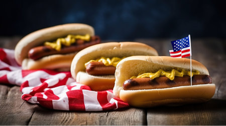 USA national holiday Labor Day, Memorial Day, Flag Day, 4th of July - hot dogs with ketchup and mustard on wood background, Generative AIの素材