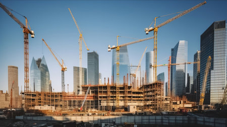 Tall buildings under construction and cranes under a blue sky in Central City. Generative AIの素材