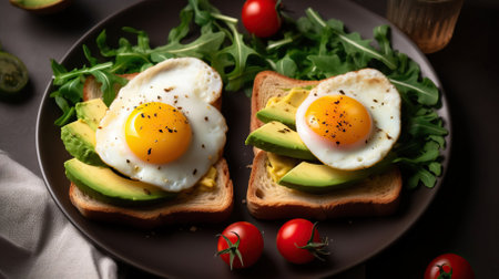 Two slices of toast with eggs and avocado and a side salad. Generative AIの素材