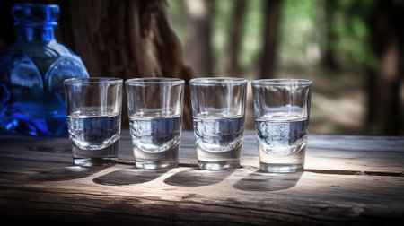 Ouzo in shot glasses on rustic wood background - Traditional greek vodka. Generative AIの素材