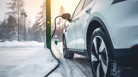 Electric car charging battery in winter - vehicle, power and green energy concept. Generative AIの素材