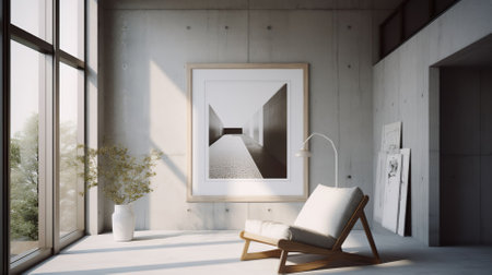 Highly detailed photography of a minimal interior with a picture frame mockup. Generative AIの素材