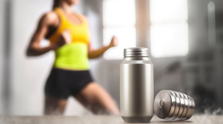 Composition with metal dumbbell, protein shake and blurred woman jogging on background, Generative AIの素材