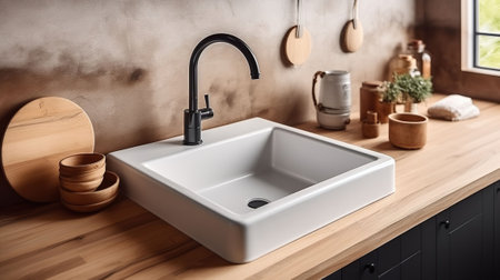 Ceramic Sink Resting on a Wooden Counter in a Kitchen Oasis. Generative AIの素材