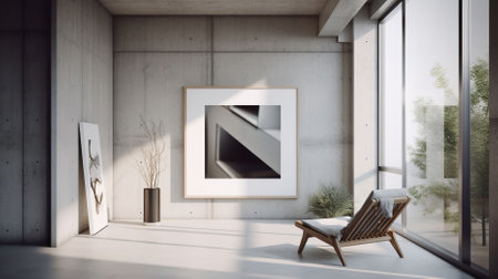 Highly detailed photography of a minimal interior with a picture frame mockup. Generative AIの素材
