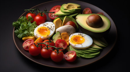 Nourishing Delights, A Vibrant Plate of Avocados, Tomatoes, Eggs, and Wholesome Goodness, Generative AIの素材