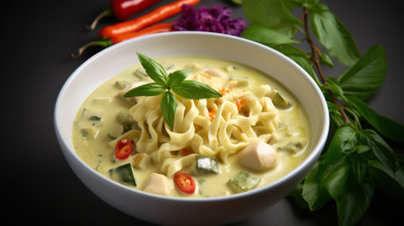 Thai green curry udon noodle food photography light background. Generative AIの素材