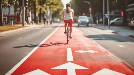 A Woman Enjoying the Red Bike Lane, Guided by the Bicycle Signs on the Street. Generative AIの素材