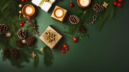 Holiday Splendor, A Charming Composition of Traditional Festive Elements and Vibrant Green Pine Tree Branches. Generative AIの素材