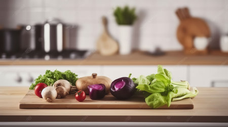 Wooden Table with Fresh Vegetables atop a Blurred Kitchen Interior. Generative AIの素材
