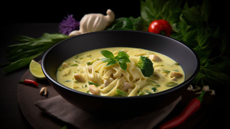 Green Curry Udon Noodles in a Captivating Food Photography with a Light Background. Generative AIの素材