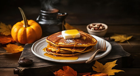 Pumpkin Perfection, Rustic Delights of Fluffy Pancakes on Wood. Generative AIの素材