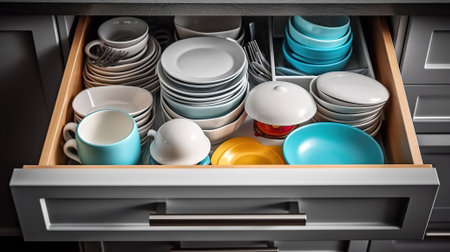 Discover the Exquisite Set of Tableware Nestled in the Kitchen Drawers. Generative AIの素材
