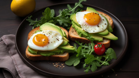 Hearty Brunch Delight, Eggs, Avocado, and Salad Adorned Toast Slices. Generative AIの素材