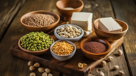 Plant Power, Vegan Protein Sources Unleashed on a Rustic Wood Background. Generative AIの素材