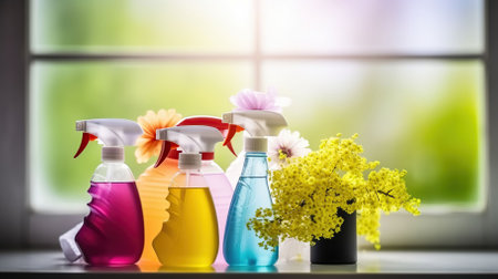 Spring cleaning concept - cleaning supplies and flowers on blur background, copy space. Generative AIの素材