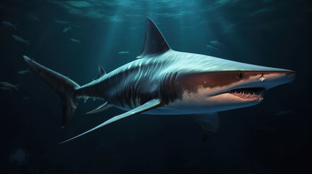 Encounter the Dazzling Sawtooth Shark in the Depths of the Ocean. Generative AIの素材