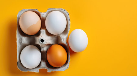 Eggs in shell in package on yellow background, Top View. Generative AIの素材