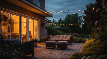 Summer evening on the patio of beautiful suburban house with garden. Generative AIの素材