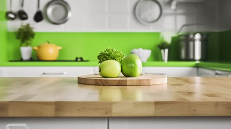 Wooden table on green modern kitchen bench interior background. Generative AIの素材