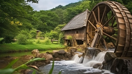 The mill wheel rotates under a stream of water at village with traditional thatched roofed houses. Generative AIの素材