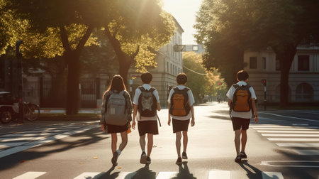Students in Uniforms and Backpacks Cross the Road on Their Journey to School. Generative AIの素材