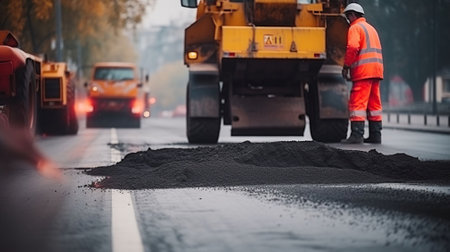 Street resurfacing. Fresh asphalt construction. Bad road, Generative AIの素材