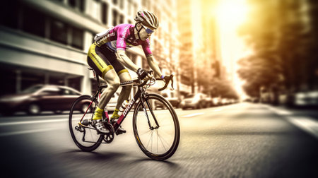 Racing cyclist on street, daylight, gradient from magenta to yellow. Generative AIの素材