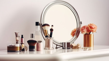 Set of cosmetics and vintage mirror on white table against light background. Generative AIの素材