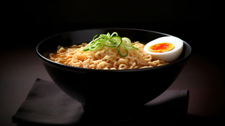 Ramen. Japanese ramen noodle soup in black bowl. Generative AIの素材