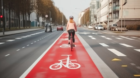 Traffic, city transport and people concept - woman cycling along red bike lane with signs of bicycles on street. Generative AIの素材