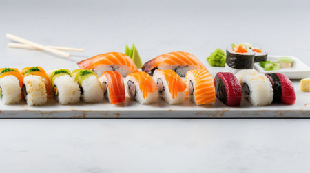 Sushi assortment on light background. Japanese traditional luxury meal. Generative AIの素材