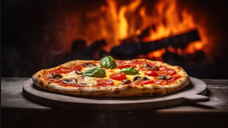 Traditional baked pizza on background of blurred brick oven fire. Generative AIの素材
