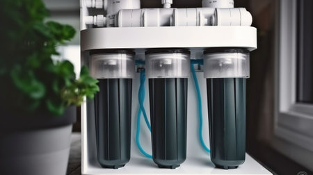 Home water filtration system. Osmosis deionization system. Water treatment Appliances, ultrafiltration background. Generative AIの素材