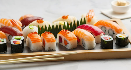 Sushi assortment on light background. Japanese traditional luxury meal. Generative AIの素材