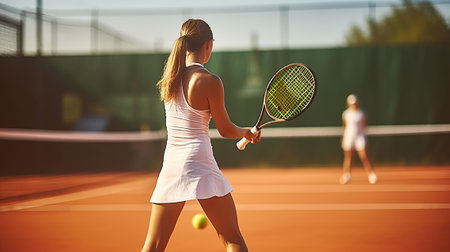 Young woman playing tennis on court, Generative AIの素材