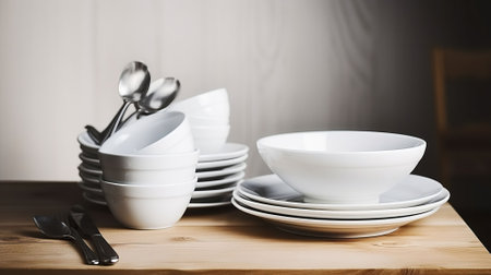 White dishware and cutlery on wooden table with copy space, Generative AIの素材