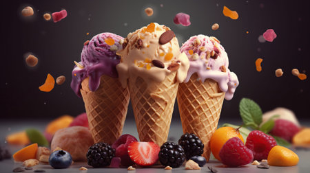 Cold ice cream topped with multiple fine chopped dry fruits DOF, Assorted ice cream cones with blackberry, strawberry, almond, orange and cherry. Generative AIの素材