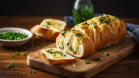 Savory Delights, Garlic, Cheese, and Herb Bread Stealing the Spotlight on the Kitchen Table. Generative AIの素材