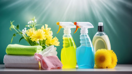 A Fusion of Cleaning Supplies and Fresh Flowers on a Blissful Blurred Background. Generative AIの素材