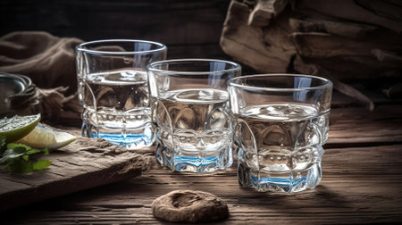 Traditional greek vodka - ouzo in shot glasses on rustic wood background. Generative AIの素材