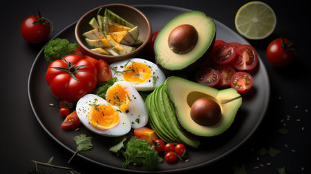 Very healthy food plate with avocados, tomatoes, eggs and other healthy food, Generative AIの素材