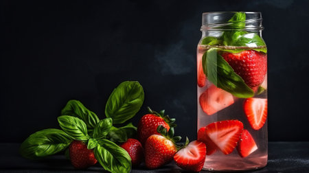 Quench Your Thirst with Strawberry and Basil Infused Water. Generative AIの素材